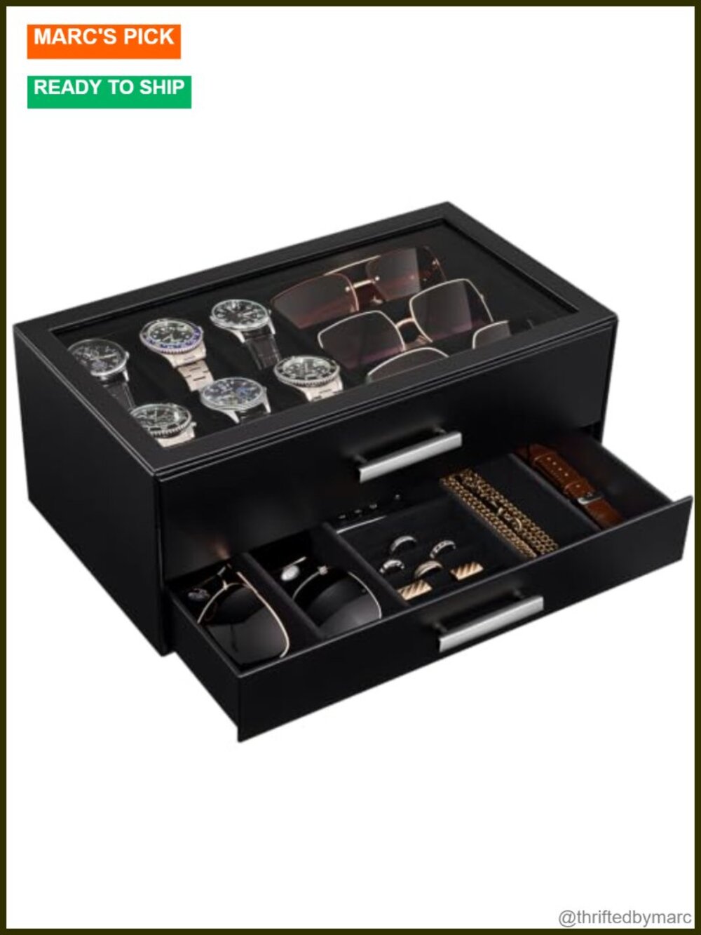 6 Watch & Sunglasses Organizer Vegan Leather Case Glass Top Storage Box